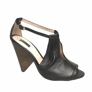 rmk Black Leather Peel Toe Sandals Shoes Brown Cone Heel 9